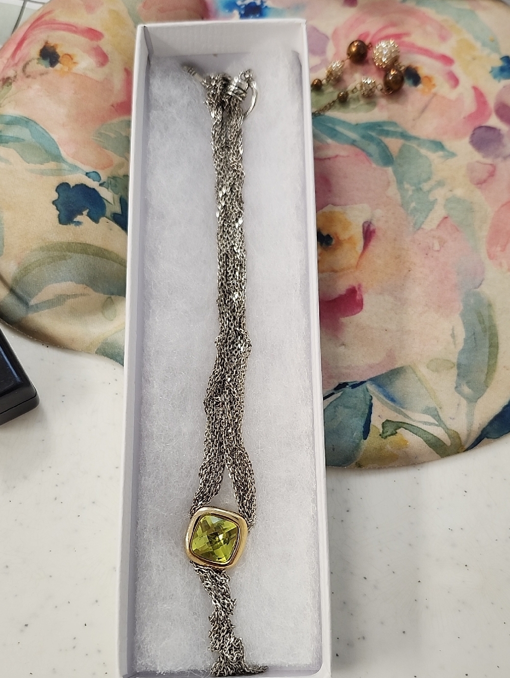 Silver Tone Multi-Chain Toggle Chocker Peridot (or Citrine) Gemstone Vintage